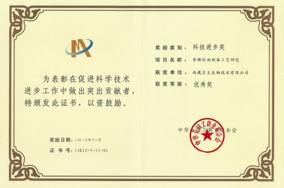 2013年12月，“青稞红曲制备工艺研究”获得全国工商联科技进步奖优秀奖